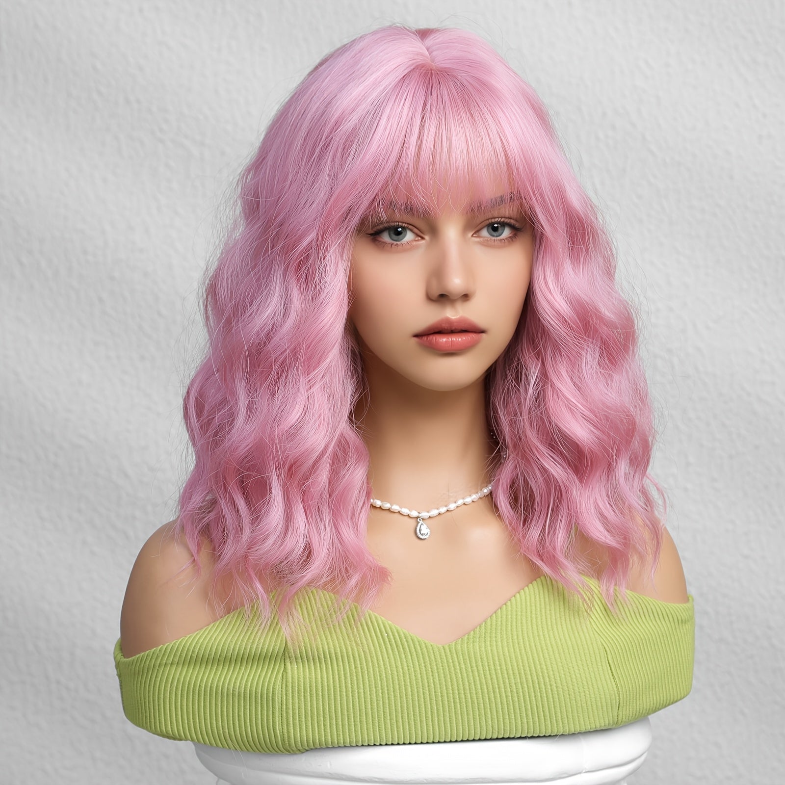 1pc Pink Short Curly Bob Wig with Bangs for Women - Matte Synthetic Hair, Loose Wave Style, 150% Density, Rose Net Cap, Perfect for Casual Attire or Special Occasions